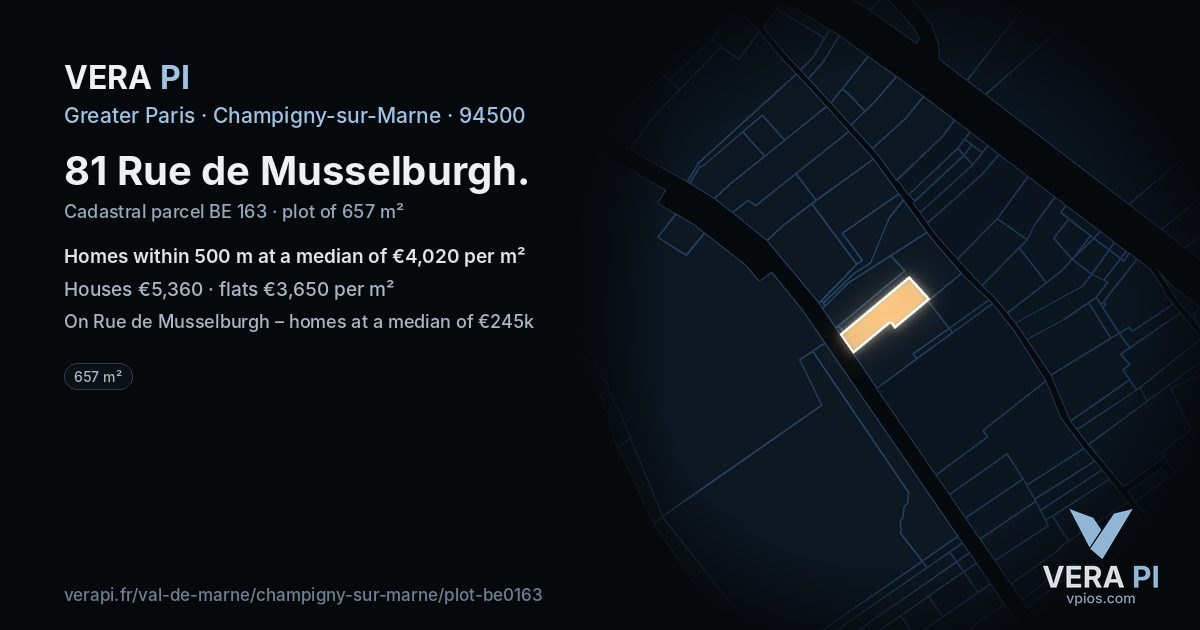 81 Rue de Musselburgh, Champigny-sur-Marne at night – the plot lit, the parcels around coloured by the prices near them