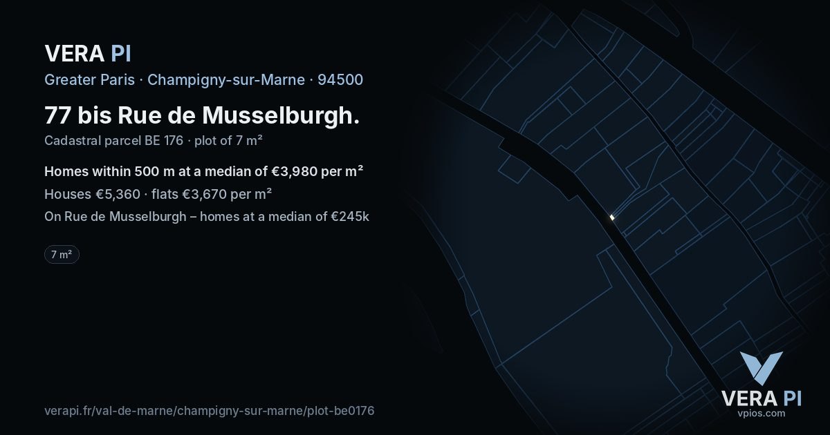 77 bis Rue de Musselburgh, Champigny-sur-Marne at night – the plot lit, the parcels around coloured by the prices near them