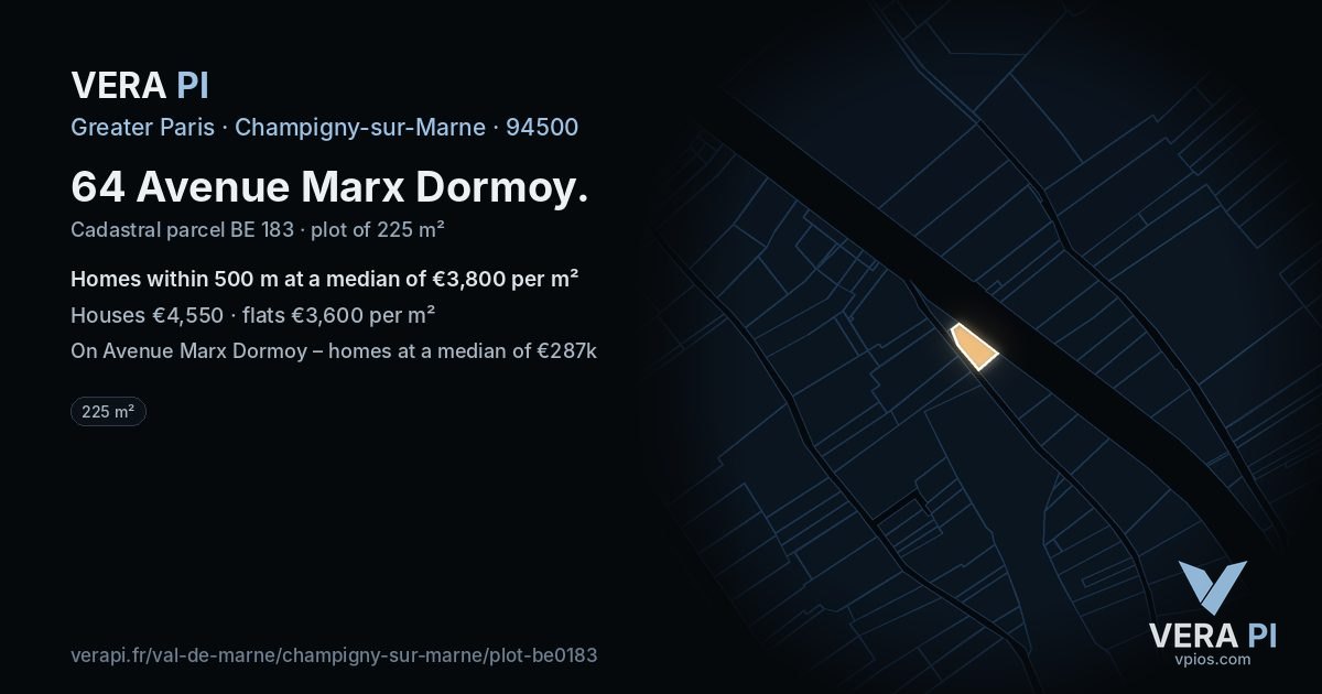 64 Avenue Marx Dormoy, Champigny-sur-Marne at night – the plot lit, the parcels around coloured by the prices near them