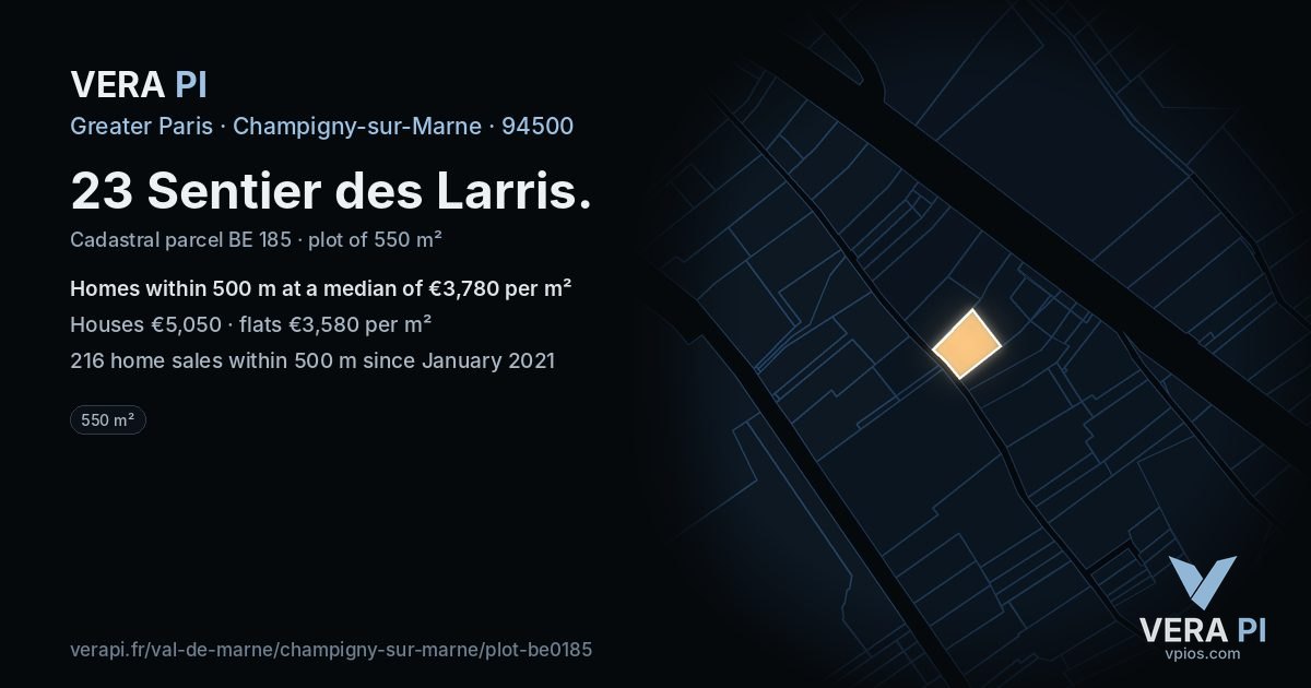 23 Sentier des Larris, Champigny-sur-Marne at night – the plot lit, the parcels around coloured by the prices near them