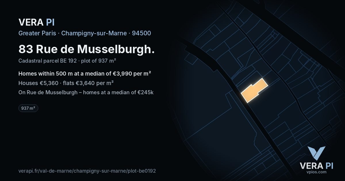 83 Rue de Musselburgh, Champigny-sur-Marne at night – the plot lit, the parcels around coloured by the prices near them