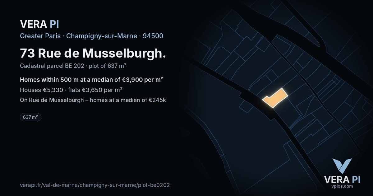 73 Rue de Musselburgh, Champigny-sur-Marne at night – the plot lit, the parcels around coloured by the prices near them