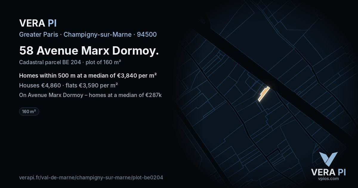 58 Avenue Marx Dormoy, Champigny-sur-Marne at night – the plot lit, the parcels around coloured by the prices near them