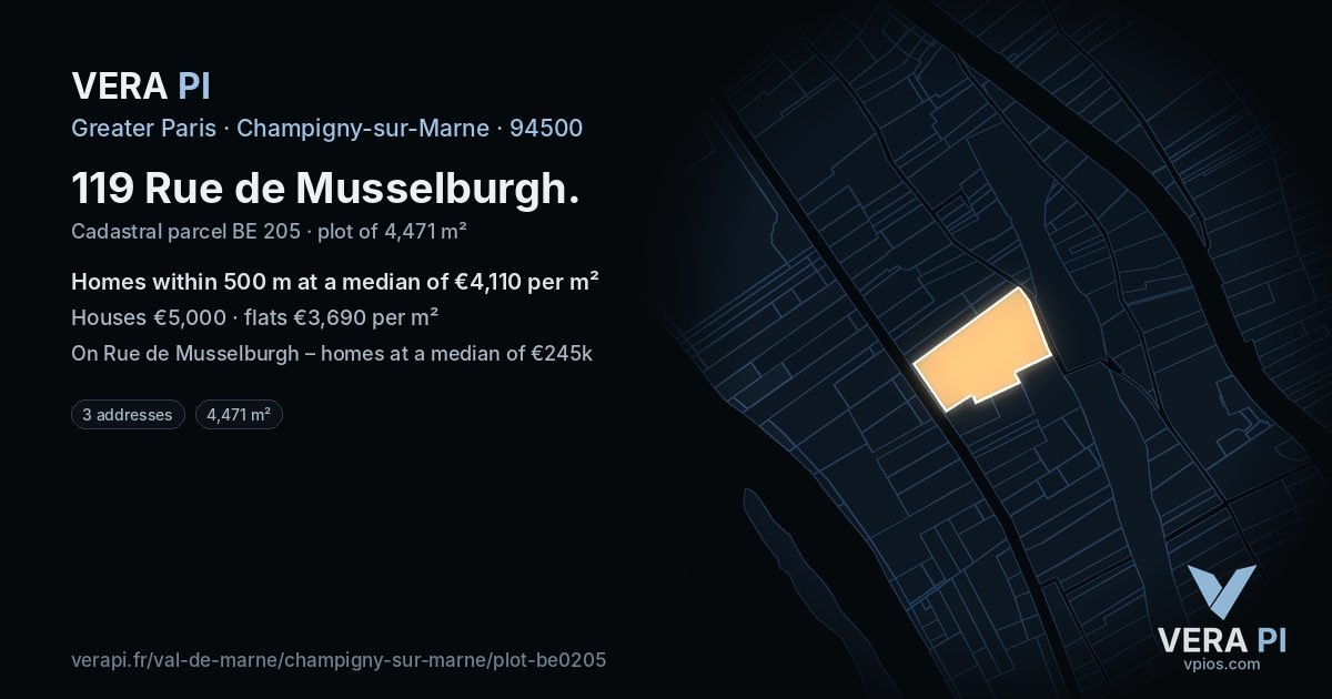 119 Rue de Musselburgh, Champigny-sur-Marne at night – the plot lit, the parcels around coloured by the prices near them