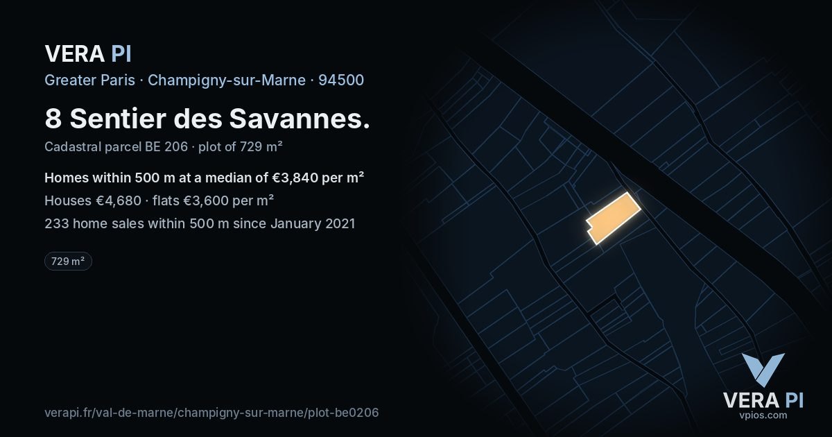 8 Sentier des Savannes, Champigny-sur-Marne at night – the plot lit, the parcels around coloured by the prices near them