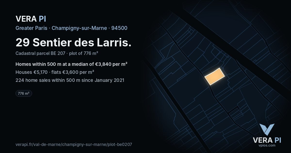 29 Sentier des Larris, Champigny-sur-Marne at night – the plot lit, the parcels around coloured by the prices near them
