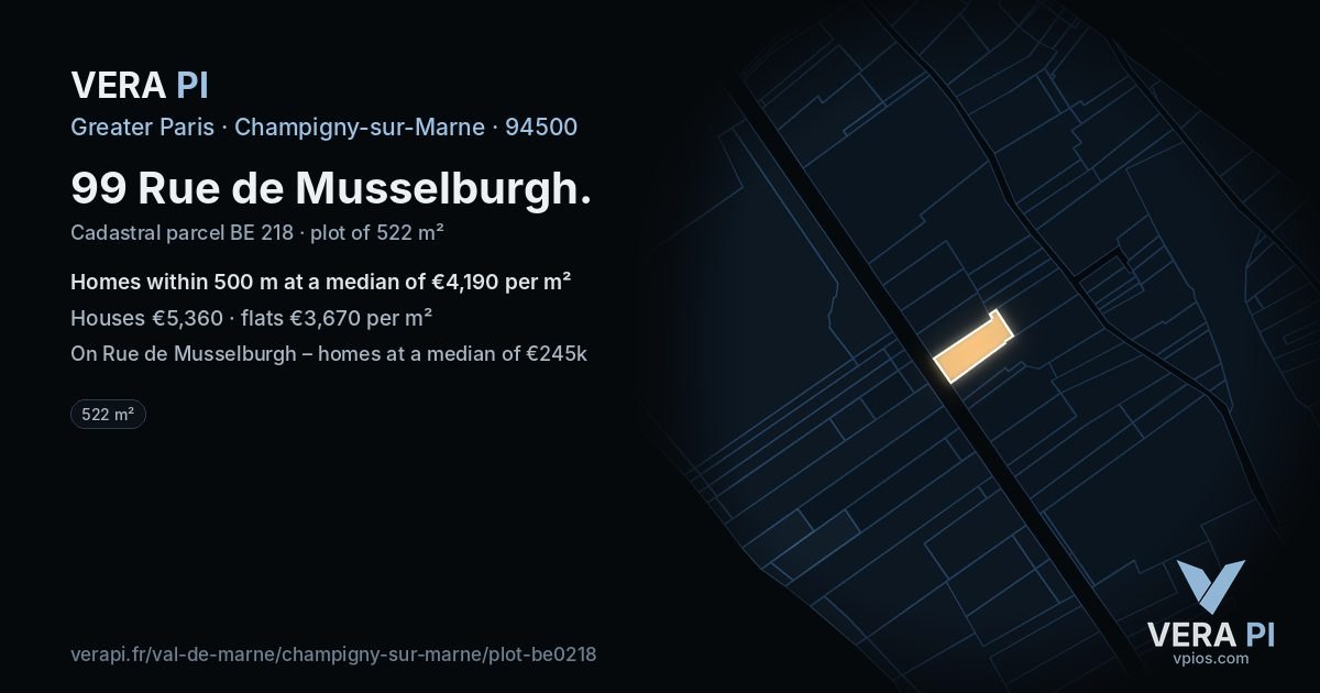 99 Rue de Musselburgh, Champigny-sur-Marne at night – the plot lit, the parcels around coloured by the prices near them