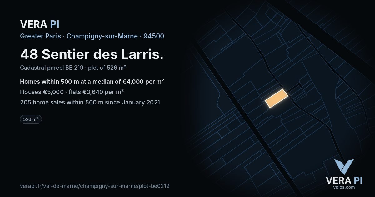 48 Sentier des Larris, Champigny-sur-Marne at night – the plot lit, the parcels around coloured by the prices near them
