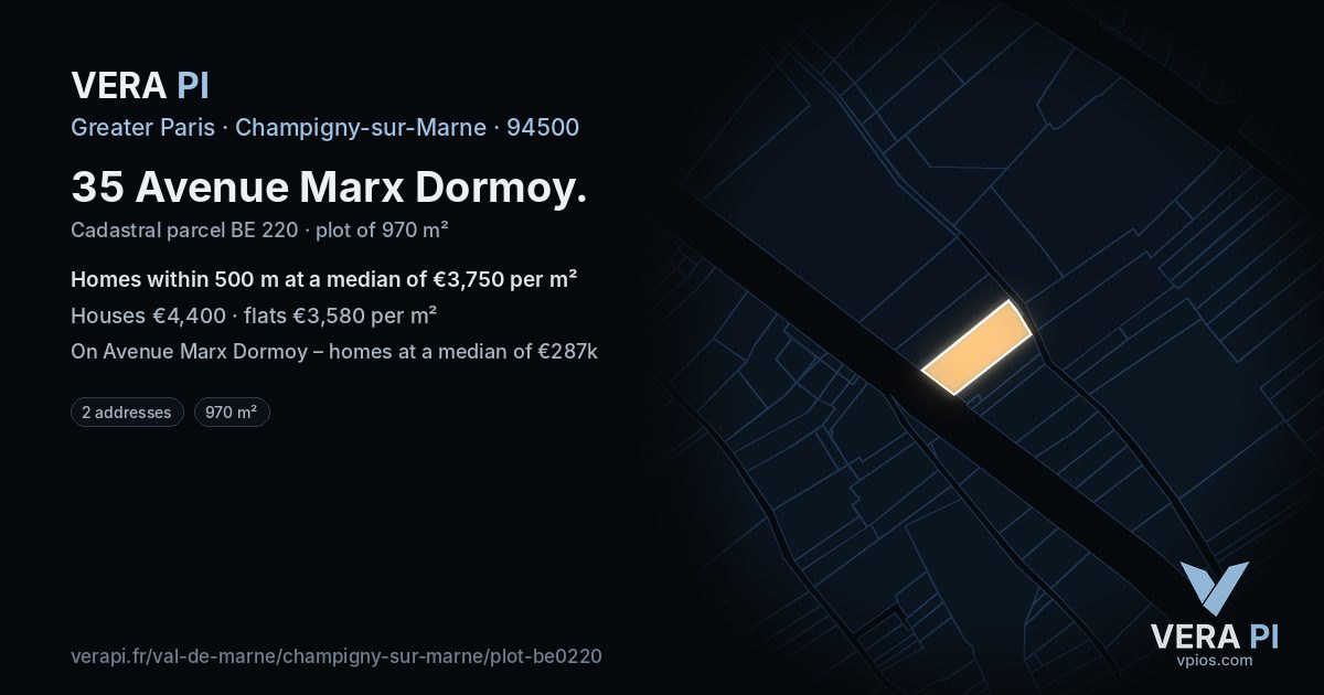 35 Avenue Marx Dormoy, Champigny-sur-Marne at night – the plot lit, the parcels around coloured by the prices near them