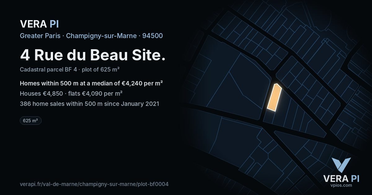 4 Rue du Beau Site, Champigny-sur-Marne at night – the plot lit, the parcels around coloured by the prices near them