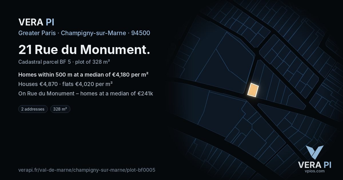 21 Rue du Monument, Champigny-sur-Marne at night – the plot lit, the parcels around coloured by the prices near them