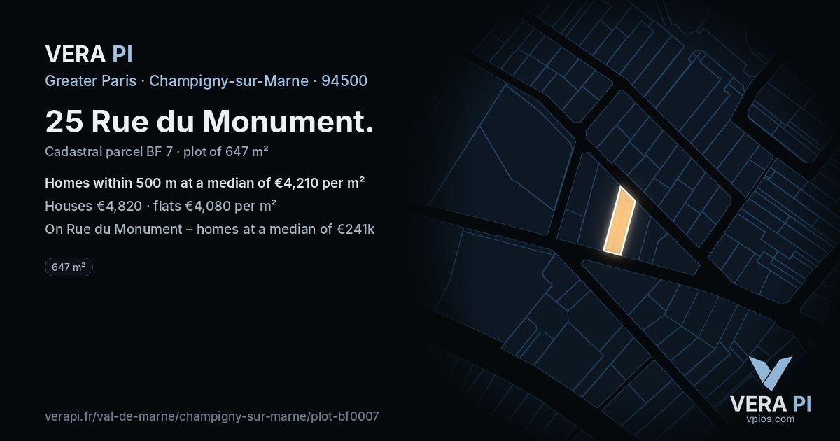 25 Rue du Monument, Champigny-sur-Marne at night – the plot lit, the parcels around coloured by the prices near them