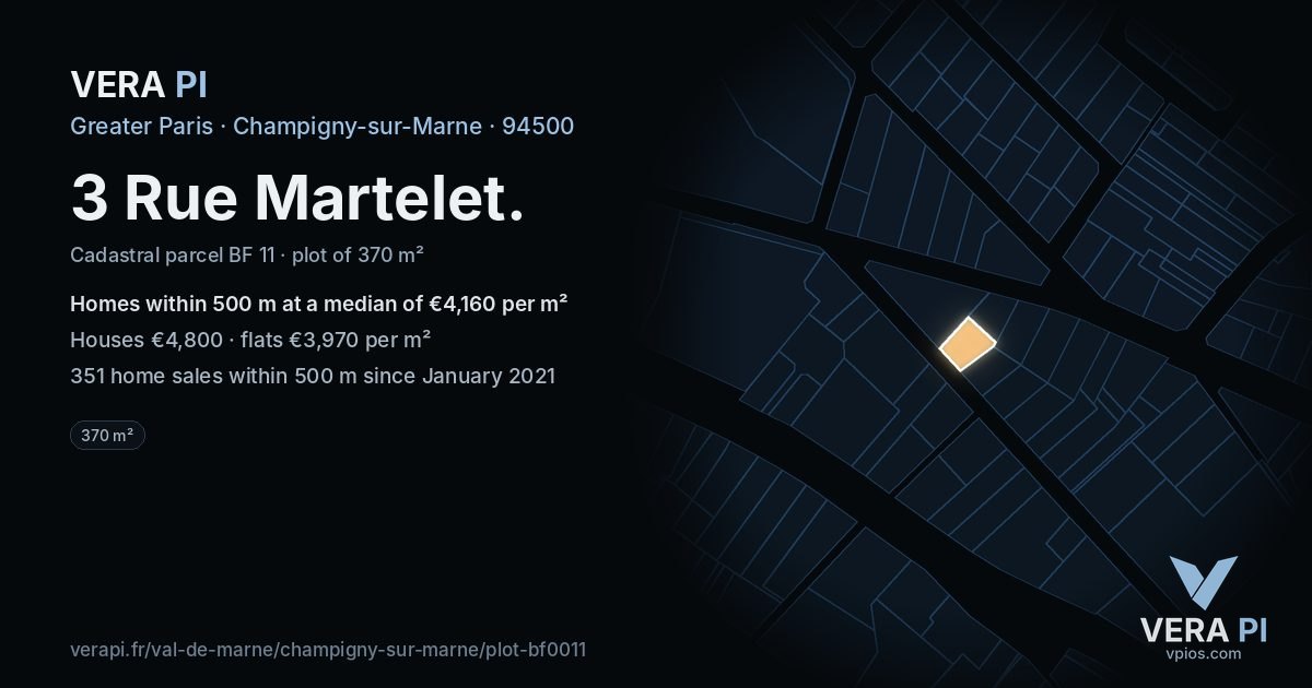 3 Rue Martelet, Champigny-sur-Marne at night – the plot lit, the parcels around coloured by the prices near them