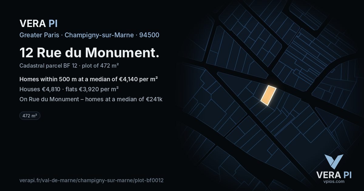 12 Rue du Monument, Champigny-sur-Marne at night – the plot lit, the parcels around coloured by the prices near them