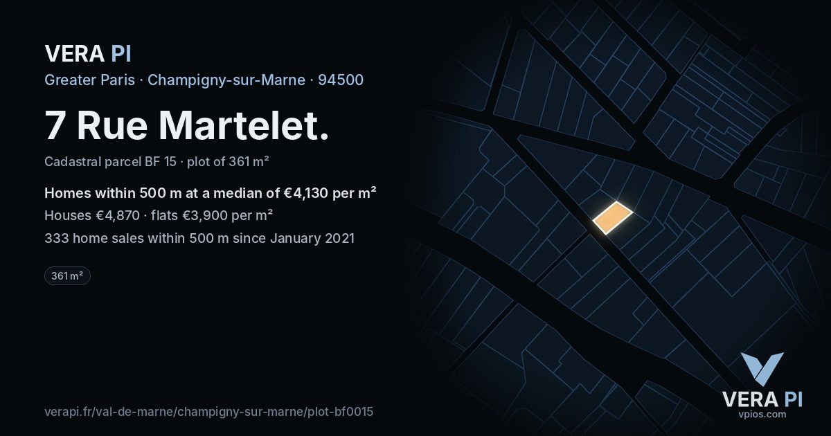 7 Rue Martelet, Champigny-sur-Marne at night – the plot lit, the parcels around coloured by the prices near them