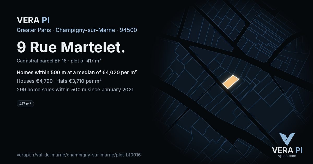 9 Rue Martelet, Champigny-sur-Marne at night – the plot lit, the parcels around coloured by the prices near them