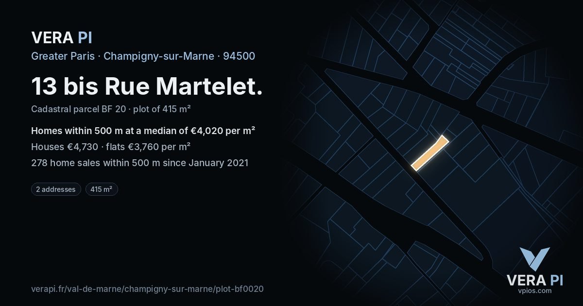 13 bis Rue Martelet, Champigny-sur-Marne at night – the plot lit, the parcels around coloured by the prices near them