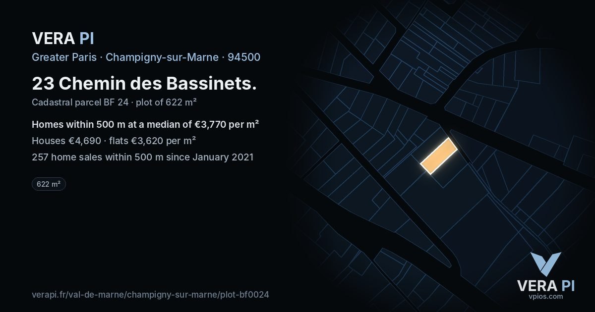 23 Chemin des Bassinets, Champigny-sur-Marne at night – the plot lit, the parcels around coloured by the prices near them