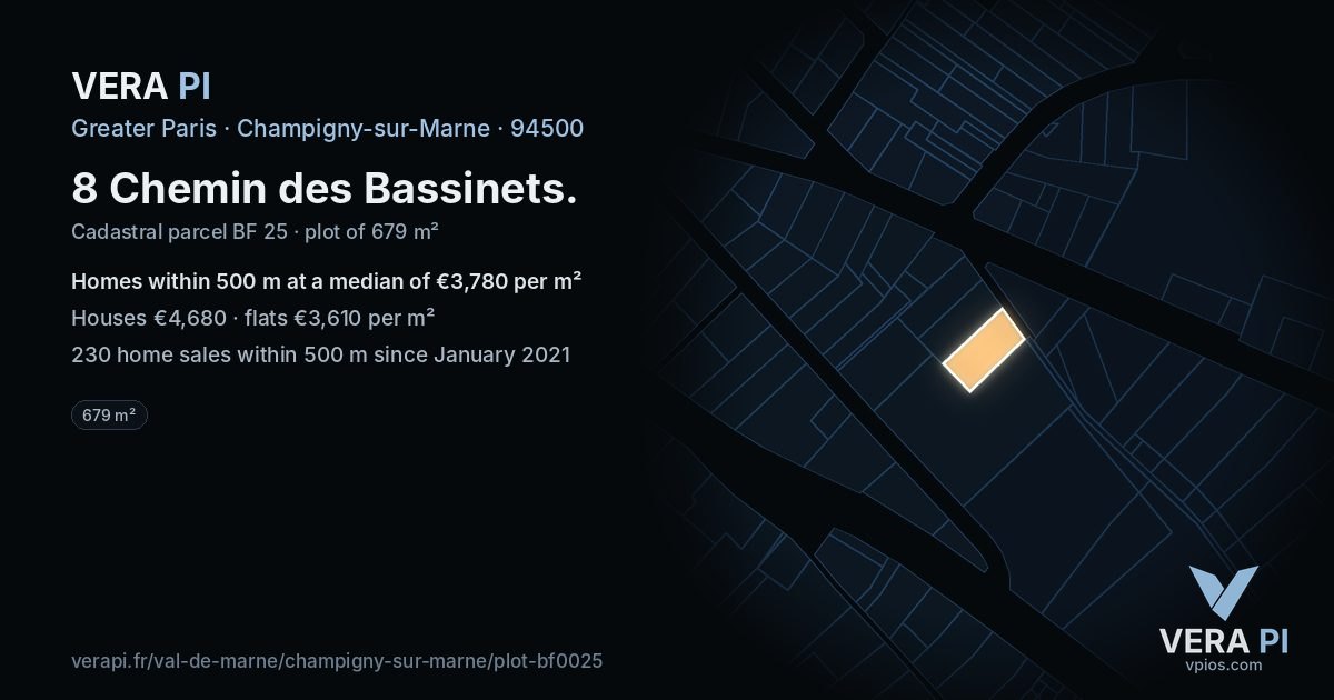 8 Chemin des Bassinets, Champigny-sur-Marne at night – the plot lit, the parcels around coloured by the prices near them