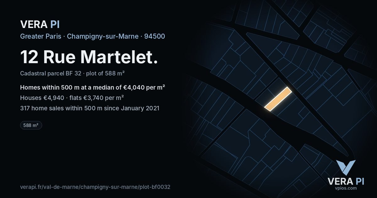 12 Rue Martelet, Champigny-sur-Marne at night – the plot lit, the parcels around coloured by the prices near them