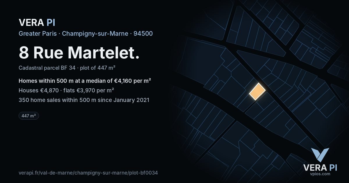 8 Rue Martelet, Champigny-sur-Marne at night – the plot lit, the parcels around coloured by the prices near them