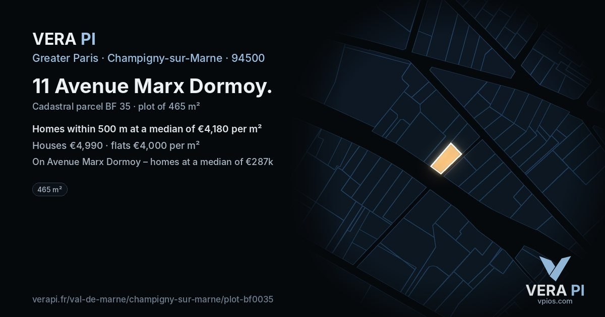 11 Avenue Marx Dormoy, Champigny-sur-Marne at night – the plot lit, the parcels around coloured by the prices near them