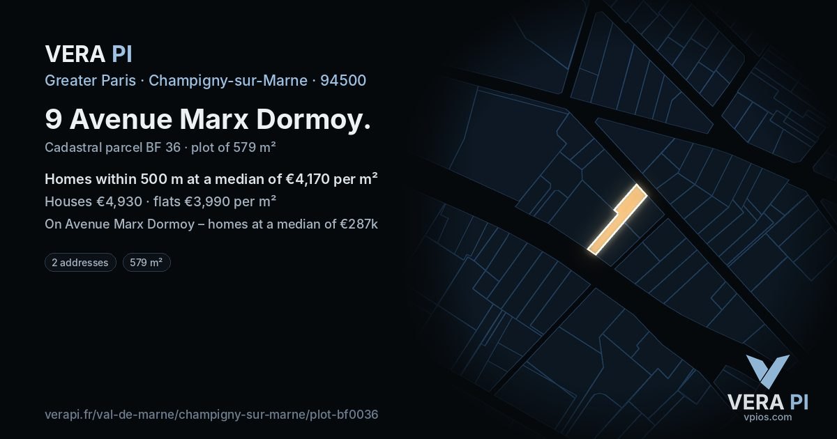 9 Avenue Marx Dormoy, Champigny-sur-Marne at night – the plot lit, the parcels around coloured by the prices near them