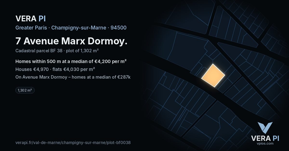 7 Avenue Marx Dormoy, Champigny-sur-Marne at night – the plot lit, the parcels around coloured by the prices near them