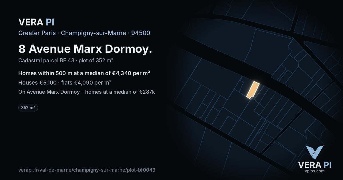 8 Avenue Marx Dormoy, Champigny-sur-Marne at night – the plot lit, the parcels around coloured by the prices near them