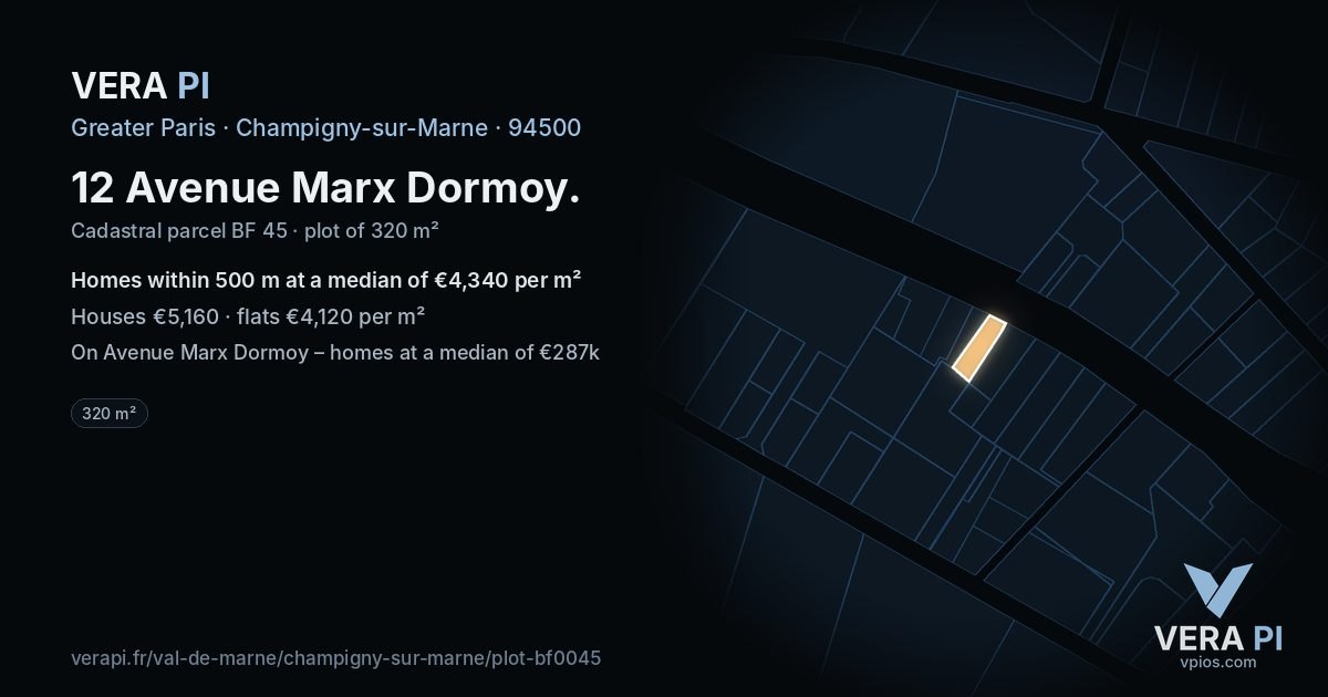 12 Avenue Marx Dormoy, Champigny-sur-Marne at night – the plot lit, the parcels around coloured by the prices near them
