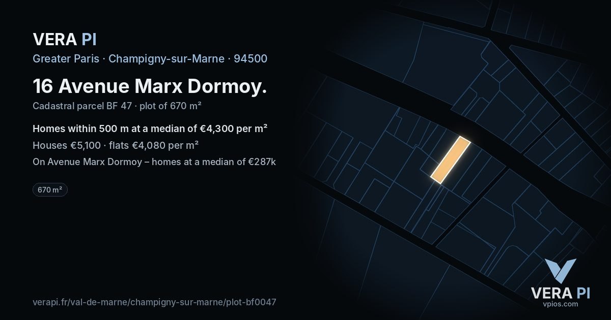 16 Avenue Marx Dormoy, Champigny-sur-Marne at night – the plot lit, the parcels around coloured by the prices near them