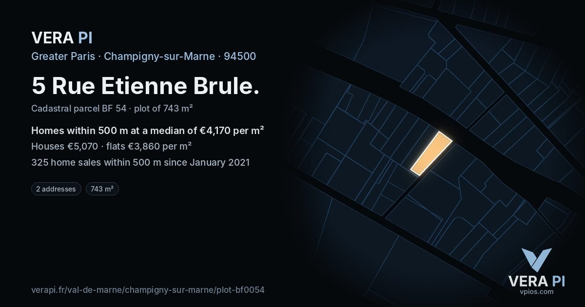 5 Rue Etienne Brule, Champigny-sur-Marne at night – the plot lit, the parcels around coloured by the prices near them