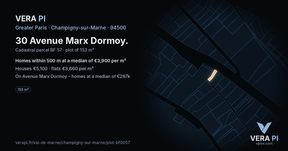 30 Avenue Marx Dormoy, Champigny-sur-Marne at night – the plot lit, the parcels around coloured by the prices near them