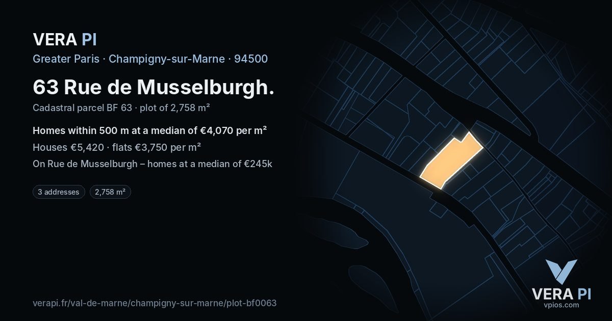 63 Rue de Musselburgh, Champigny-sur-Marne at night – the plot lit, the parcels around coloured by the prices near them