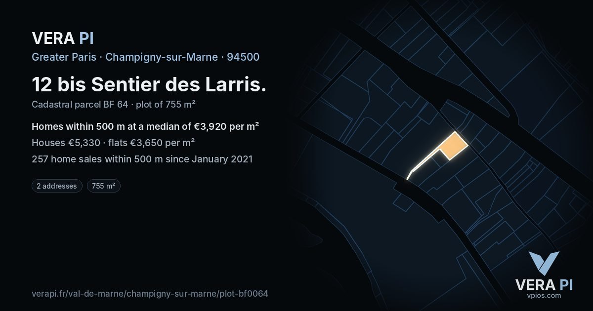 12 bis Sentier des Larris, Champigny-sur-Marne at night – the plot lit, the parcels around coloured by the prices near them