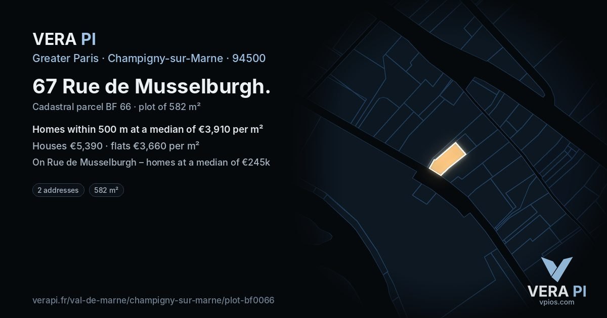 67 Rue de Musselburgh, Champigny-sur-Marne at night – the plot lit, the parcels around coloured by the prices near them