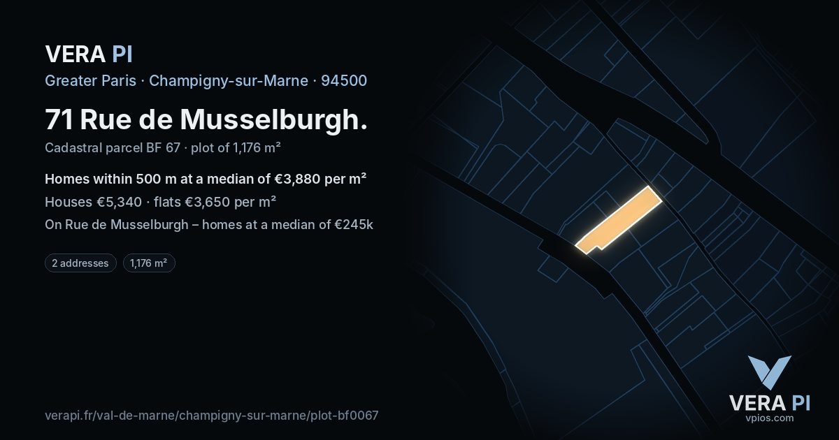 71 Rue de Musselburgh, Champigny-sur-Marne at night – the plot lit, the parcels around coloured by the prices near them