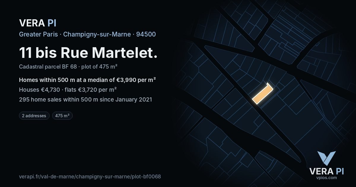 11 bis Rue Martelet, Champigny-sur-Marne at night – the plot lit, the parcels around coloured by the prices near them