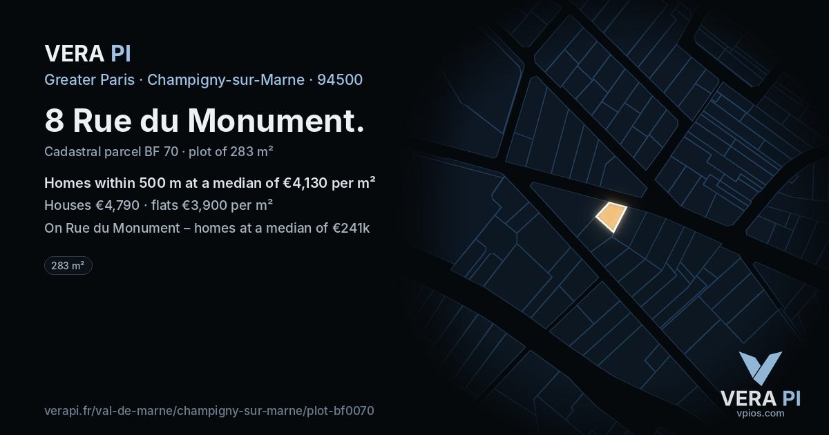 8 Rue du Monument, Champigny-sur-Marne at night – the plot lit, the parcels around coloured by the prices near them