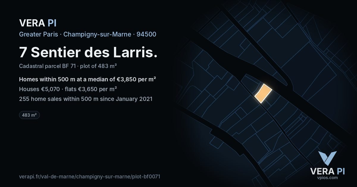 7 Sentier des Larris, Champigny-sur-Marne at night – the plot lit, the parcels around coloured by the prices near them