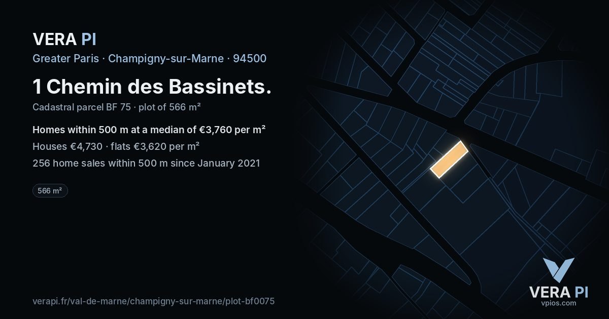 1 Chemin des Bassinets, Champigny-sur-Marne at night – the plot lit, the parcels around coloured by the prices near them