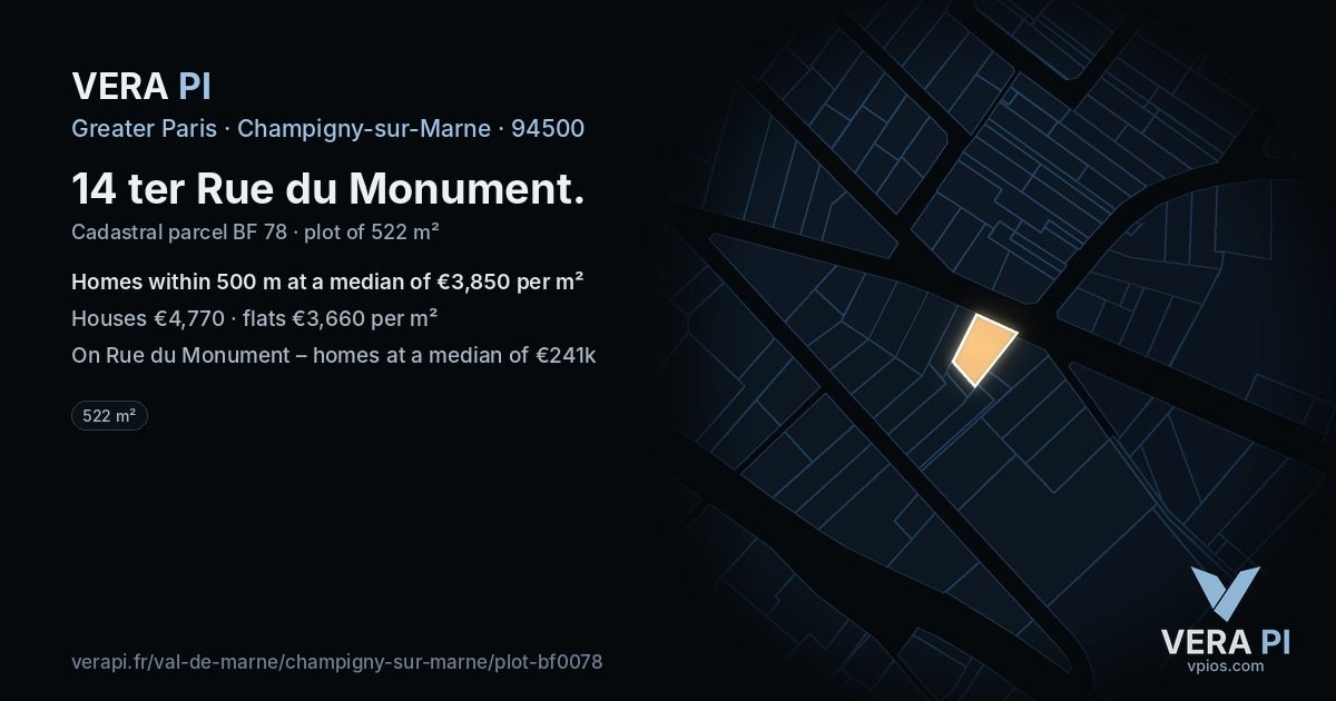 14 ter Rue du Monument, Champigny-sur-Marne at night – the plot lit, the parcels around coloured by the prices near them