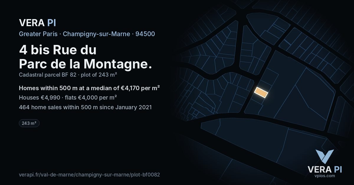 4 bis Rue du Parc de la Montagne, Champigny-sur-Marne at night – the plot lit, the parcels around coloured by the prices near them