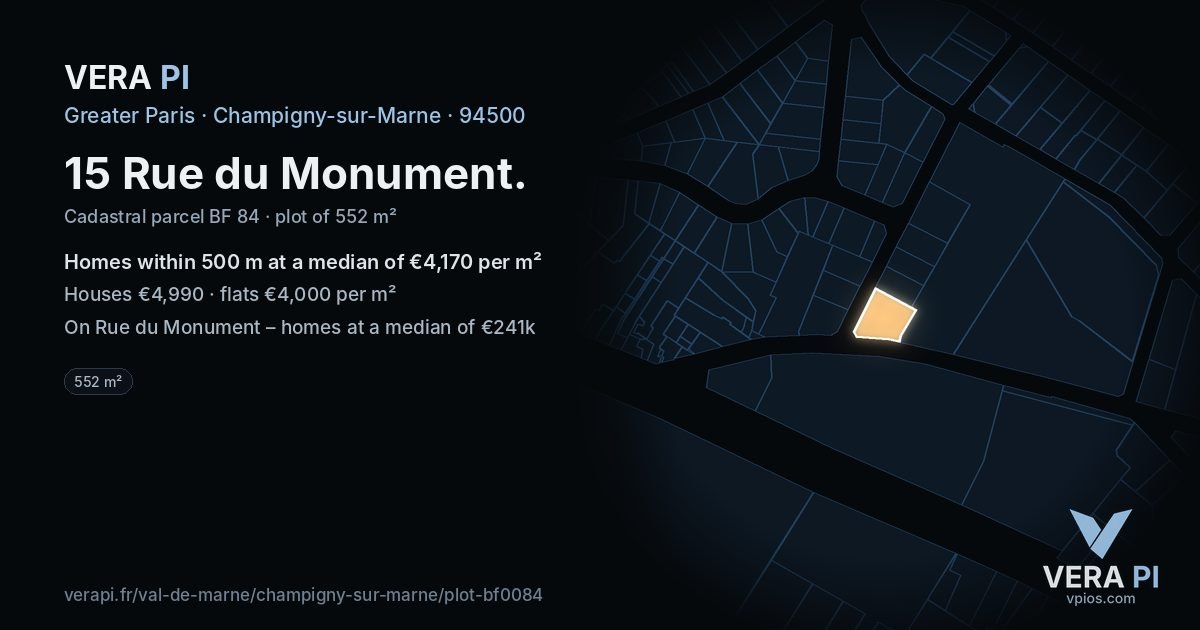 15 Rue du Monument, Champigny-sur-Marne at night – the plot lit, the parcels around coloured by the prices near them