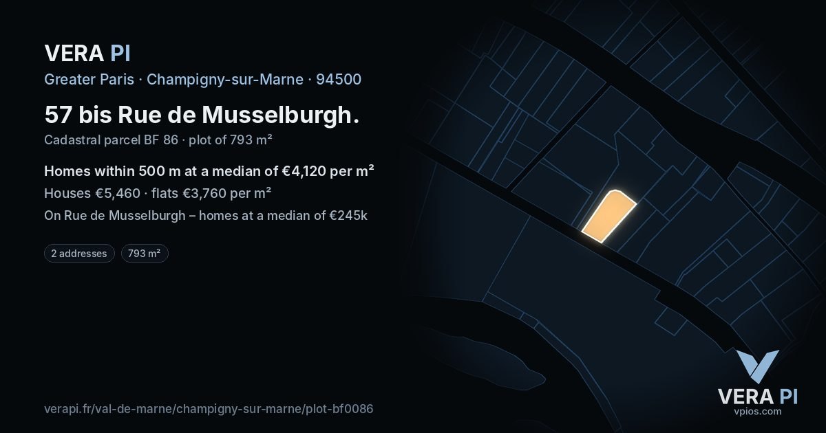 57 bis Rue de Musselburgh, Champigny-sur-Marne at night – the plot lit, the parcels around coloured by the prices near them