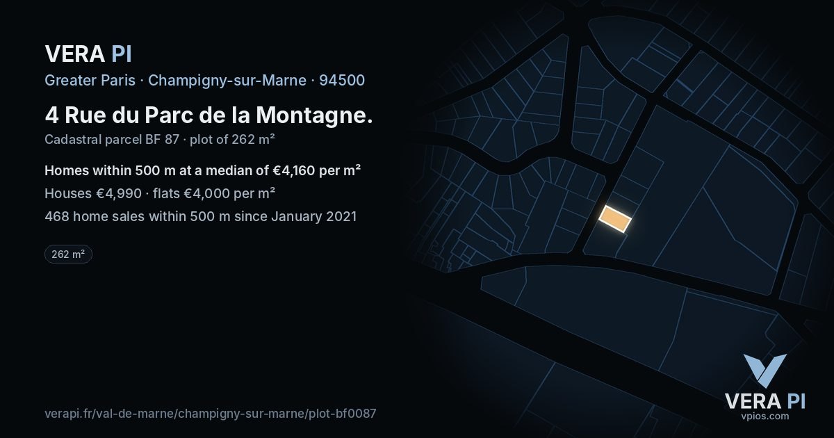 4 Rue du Parc de la Montagne, Champigny-sur-Marne at night – the plot lit, the parcels around coloured by the prices near them