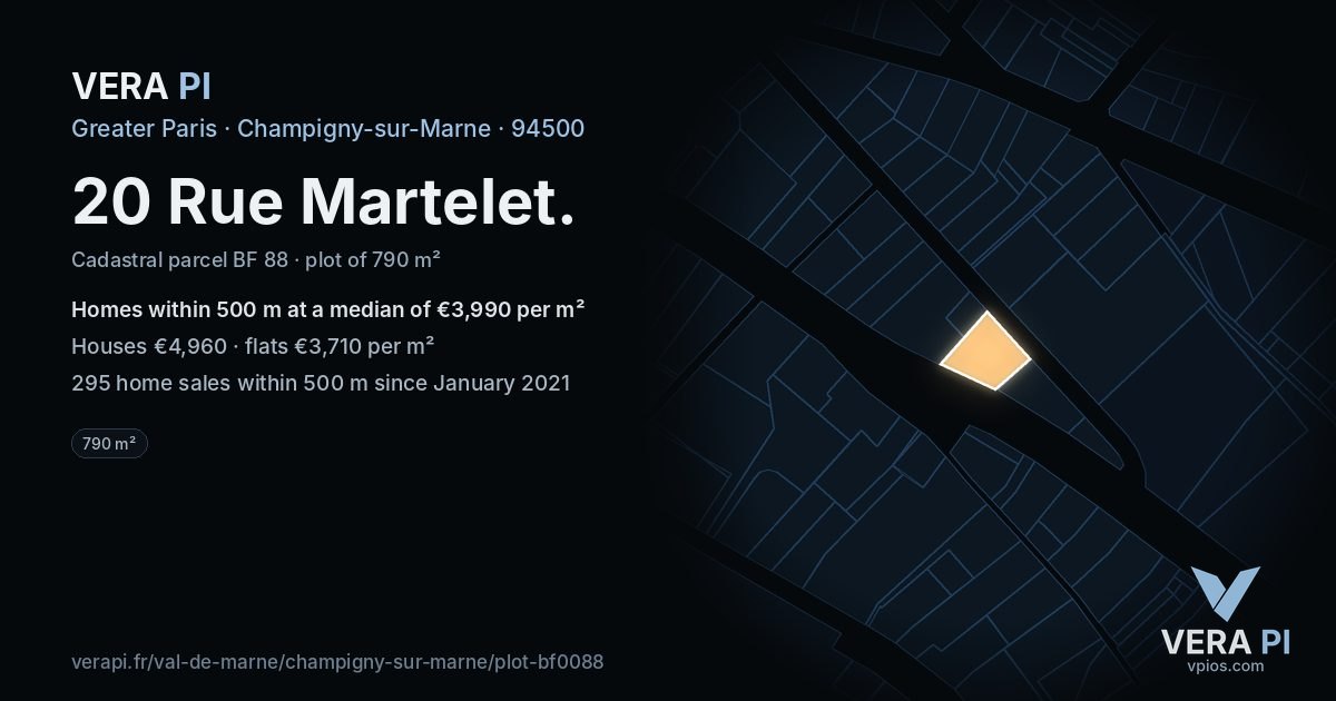 20 Rue Martelet, Champigny-sur-Marne at night – the plot lit, the parcels around coloured by the prices near them