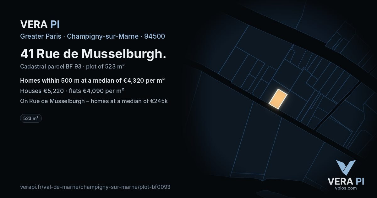 41 Rue de Musselburgh, Champigny-sur-Marne at night – the plot lit, the parcels around coloured by the prices near them