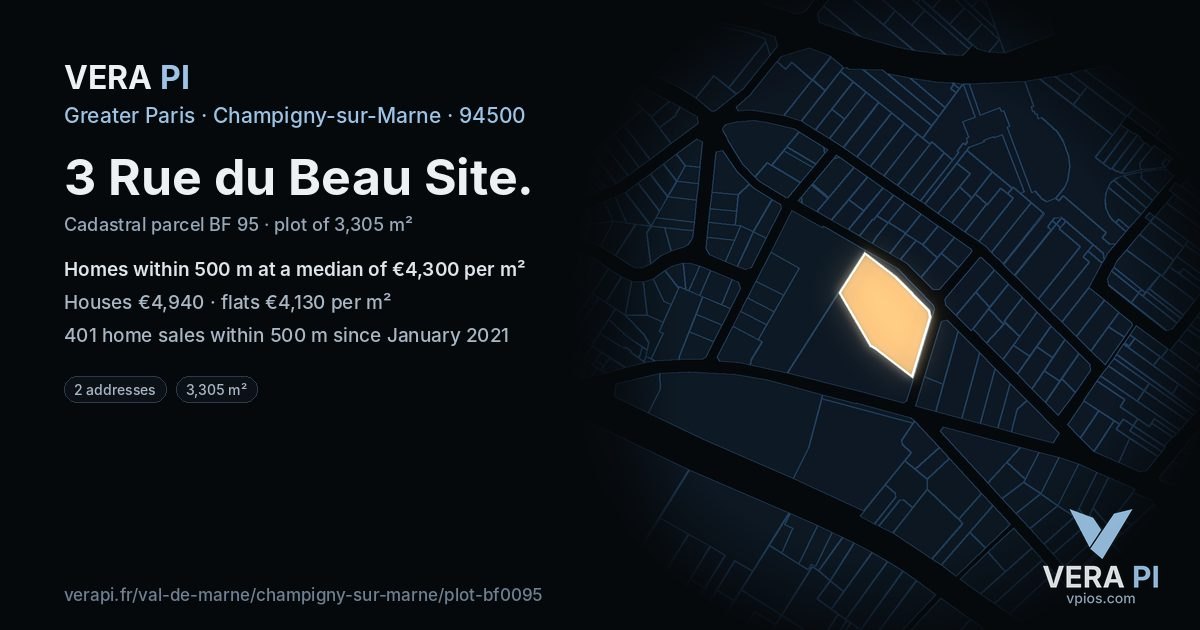 3 Rue du Beau Site, Champigny-sur-Marne at night – the plot lit, the parcels around coloured by the prices near them