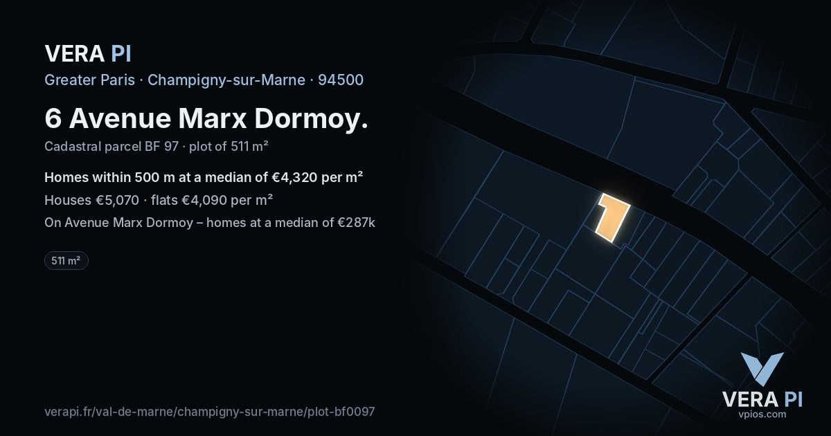 6 Avenue Marx Dormoy, Champigny-sur-Marne at night – the plot lit, the parcels around coloured by the prices near them